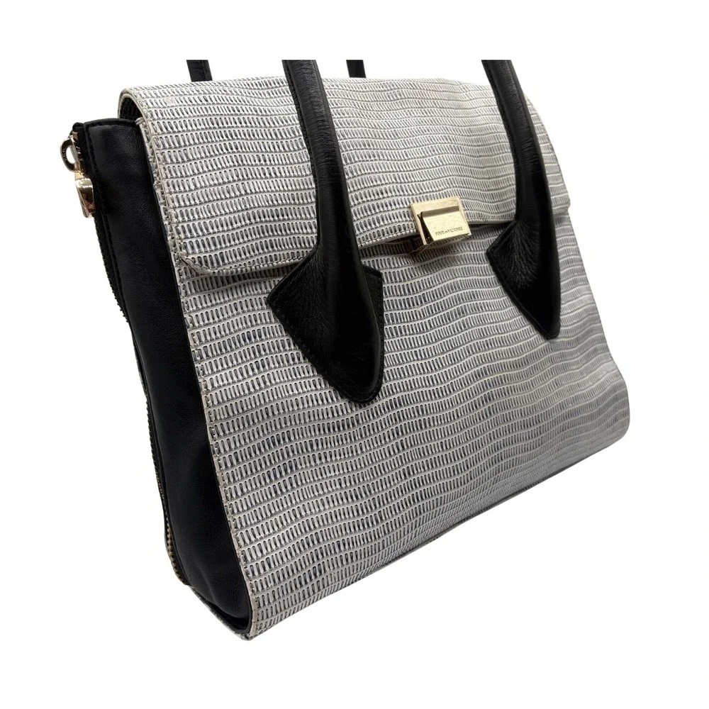 Pour La Victoire Expandable Satchel Bag Black Grey Excellent Textured‎ Leather